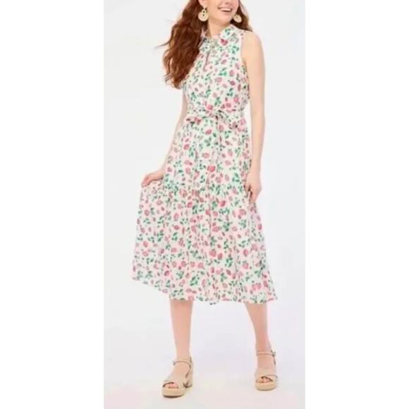 J.Crew Factory Strawberry Print Collared Midi Dress Size 8 Sleeveless Belted - Picture 5 of 11